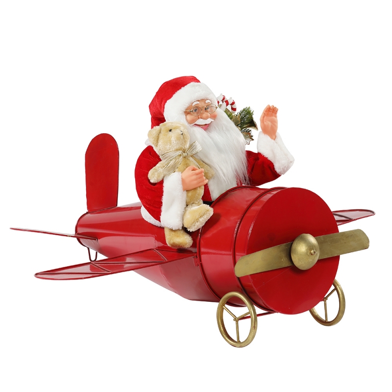 80cm Christmas Musical Animated Santa Claus Sitting  Red Plane Decoration Figurine Classic Holiday Ornament gifts collection